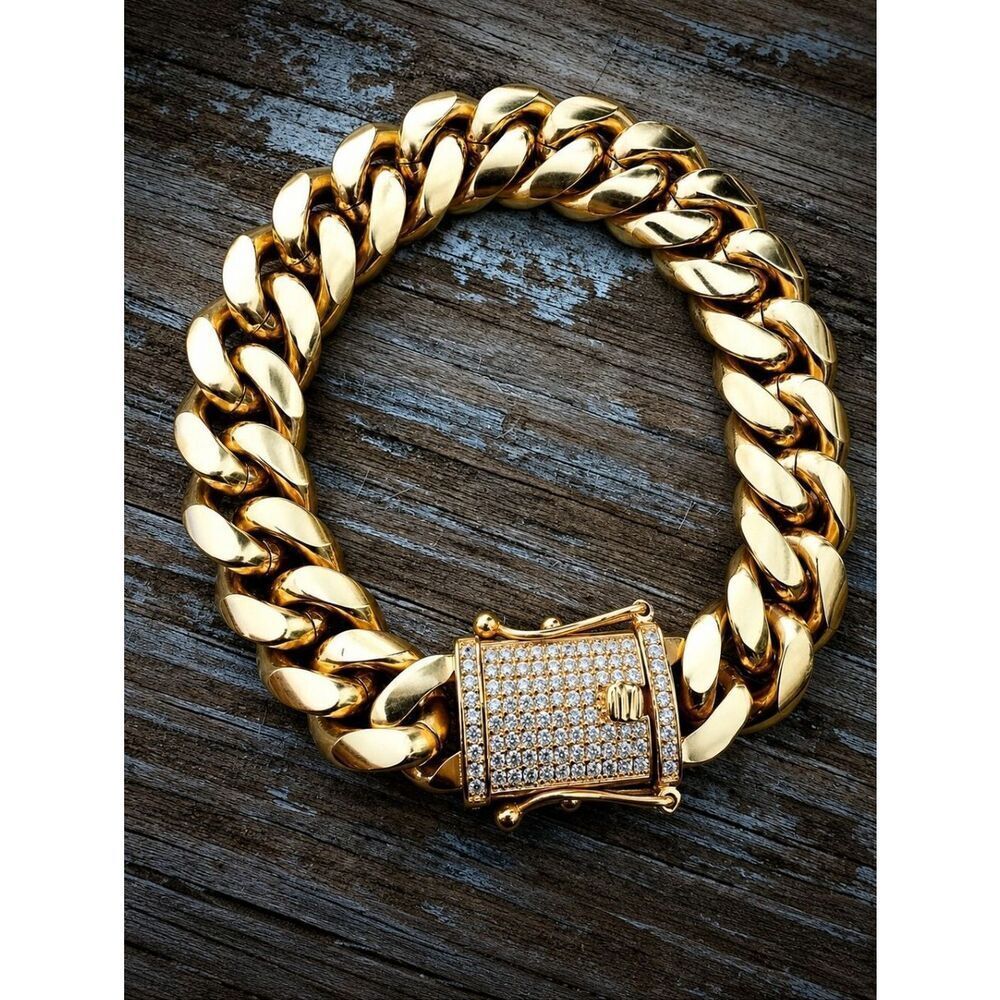 14k Gold Plated Lab Diamond Clasp Cuban Bracelet